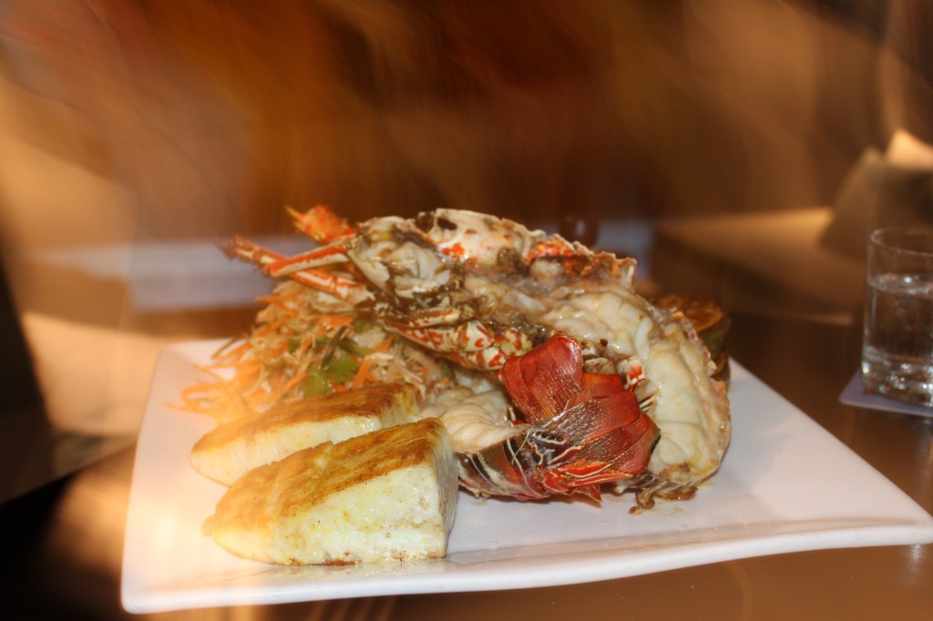 Char-grilled crayfish and mackerel fillet